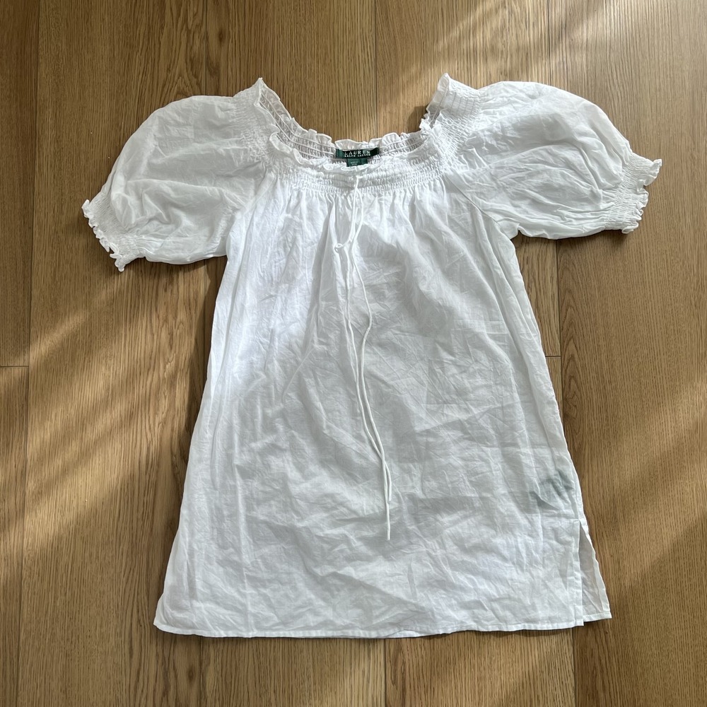 Lauren Ralph Lauren Top Medium White Cotton Peasant Blouse Cottagecore Tunic
